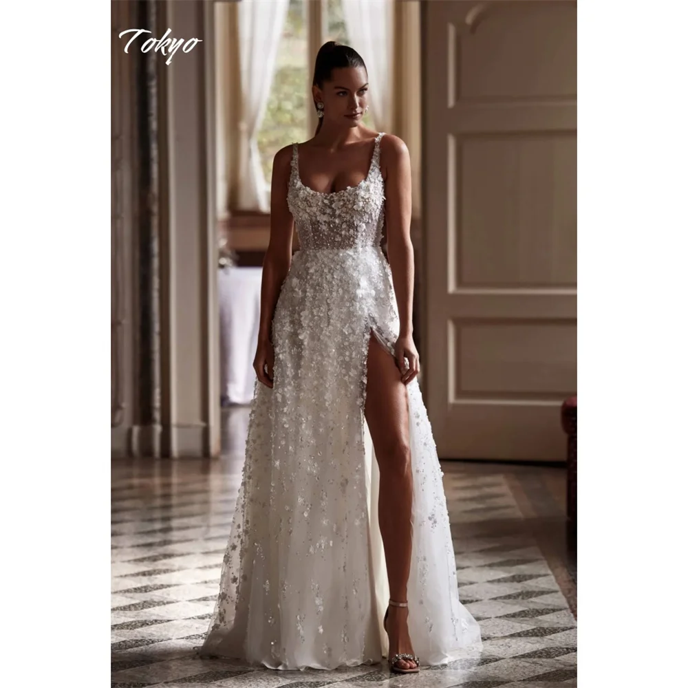 Vestido de novia con abertura alta y lado blanco personalizado de Tokio, vestido de novia con tirantes finos sin mangas y cremallera trasera, vestido de novia de corte A 2025