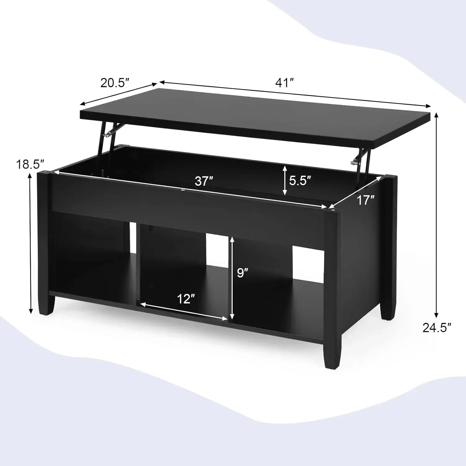 Table basse moderne avec compartiment GNE, plateau élévateur en bois, étagère de rangement ouverte, salon, bureau, salle de réception, noir