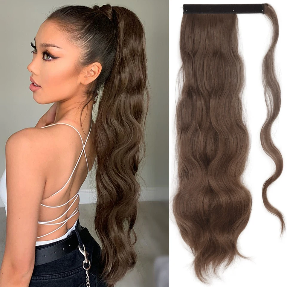 Extensión de cola de caballo sintética larga, onda Hollywood, cola de caballo envolvente, onda corporal con clip, rubia para mujer