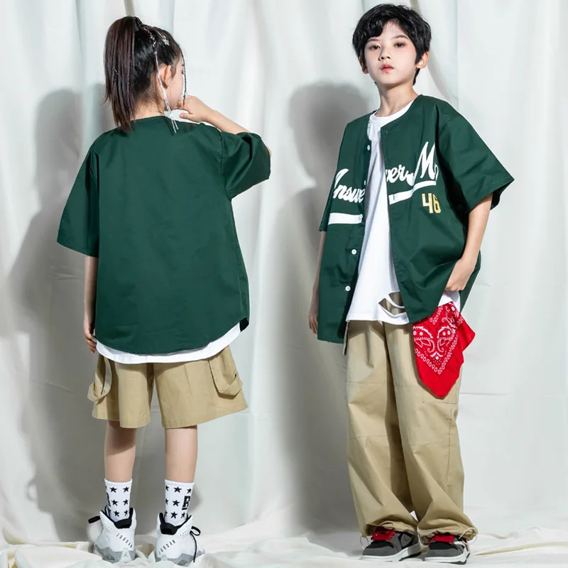 

Kid Kpop Hip Hop Clothing Green Cardigan Shirt Khaki Casual Wide Cargo Pants Shorts for Girl Boy Street Dance Costumes Clothes