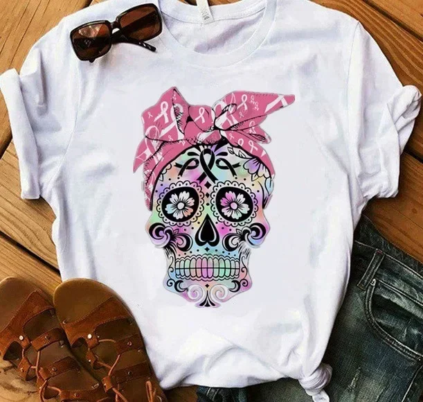 O Neck Loose T Shirt with Scarf Colorful Skull Head Print T-Shirt Women Short Sleeve Shirt  Women Causal Tee Camisetas Mujer Top