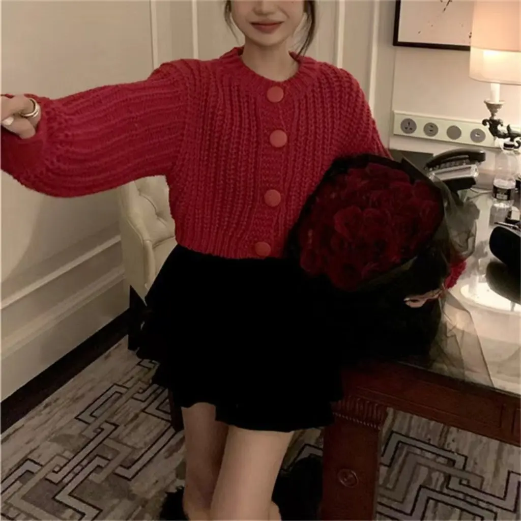 

Women's Lazy Style round Neck Long-Sleeved Sweater Cardigan Jacket Slimming Button-Up Korean Fashion Autumn Winter New Arrival