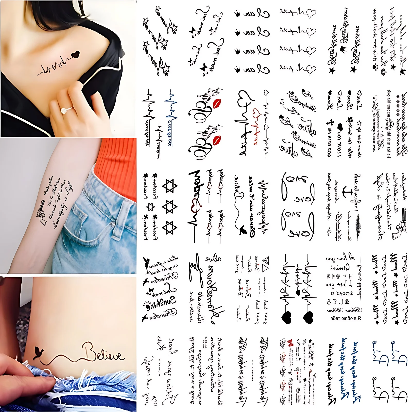 30pcs/set  Water Transfer Tattoos Sentence Small Text Electrocardiogram Heart Star Anchor Women Men Chest Wrist Tattoos Sticker