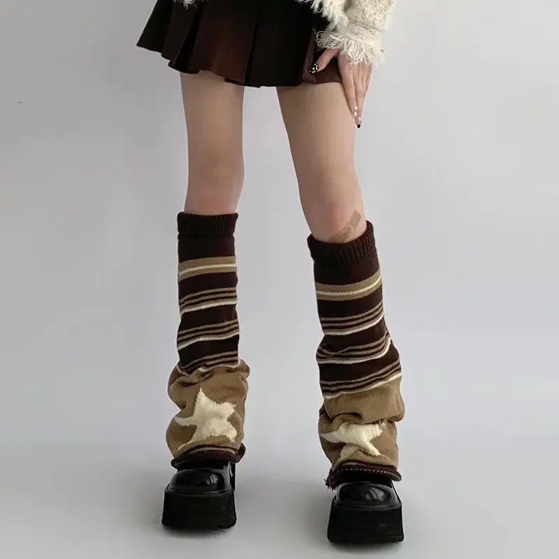 Calcetines de estrella a rayas negras y grises, medias cálidas de moda Punk, informales, de punto, manga hasta la rodilla, estilo gótico japonés Y2k, Otoño e Invierno