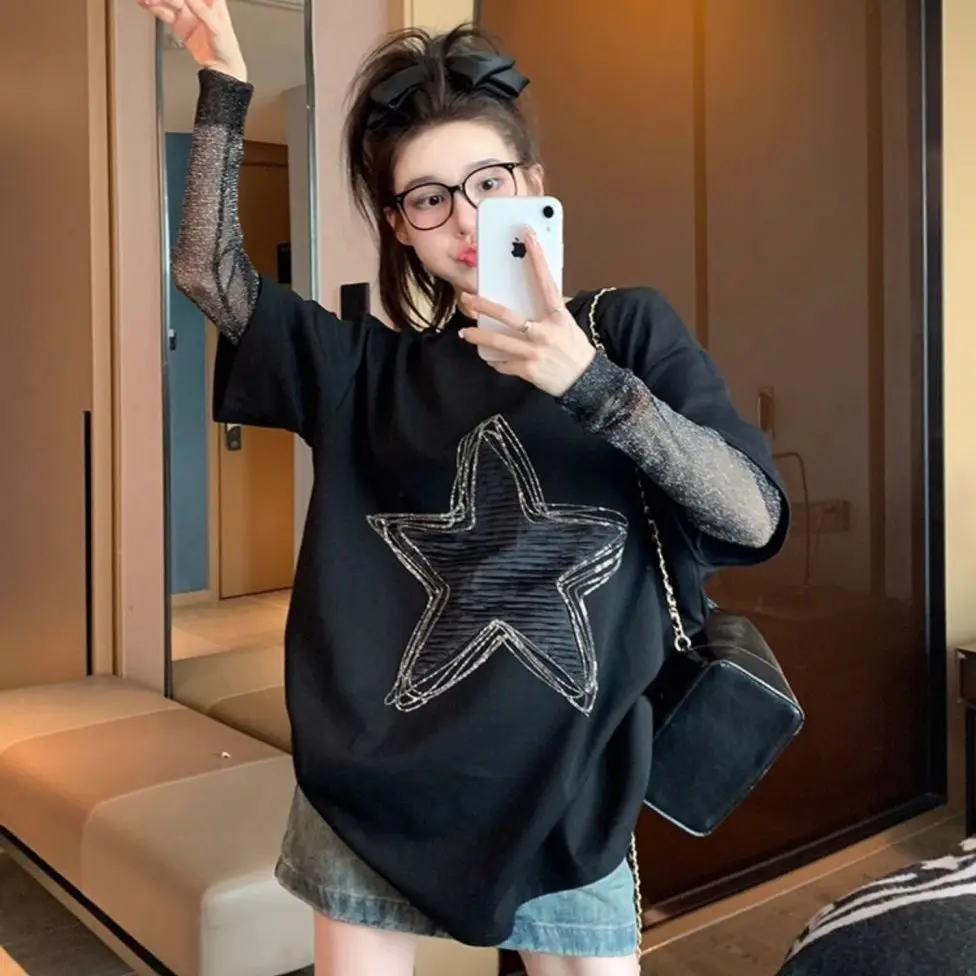 Camiseta holgada de manga larga con malla, Vintage americano, primavera y otoño