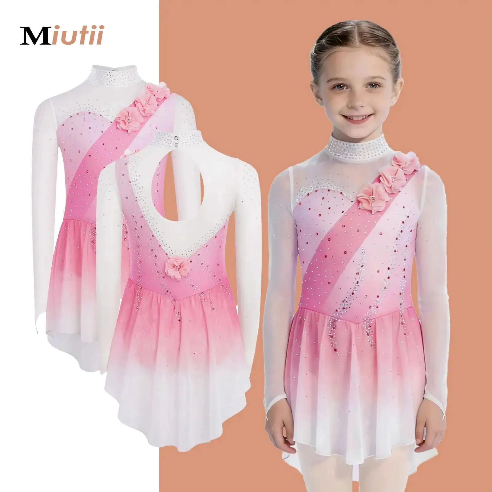 

Girls Figure Ice Skating Ballet Lyrical Modern Dance Performance Dresses Long Sleeve Rhinestone Tights Gymnastics Leotard Tutu