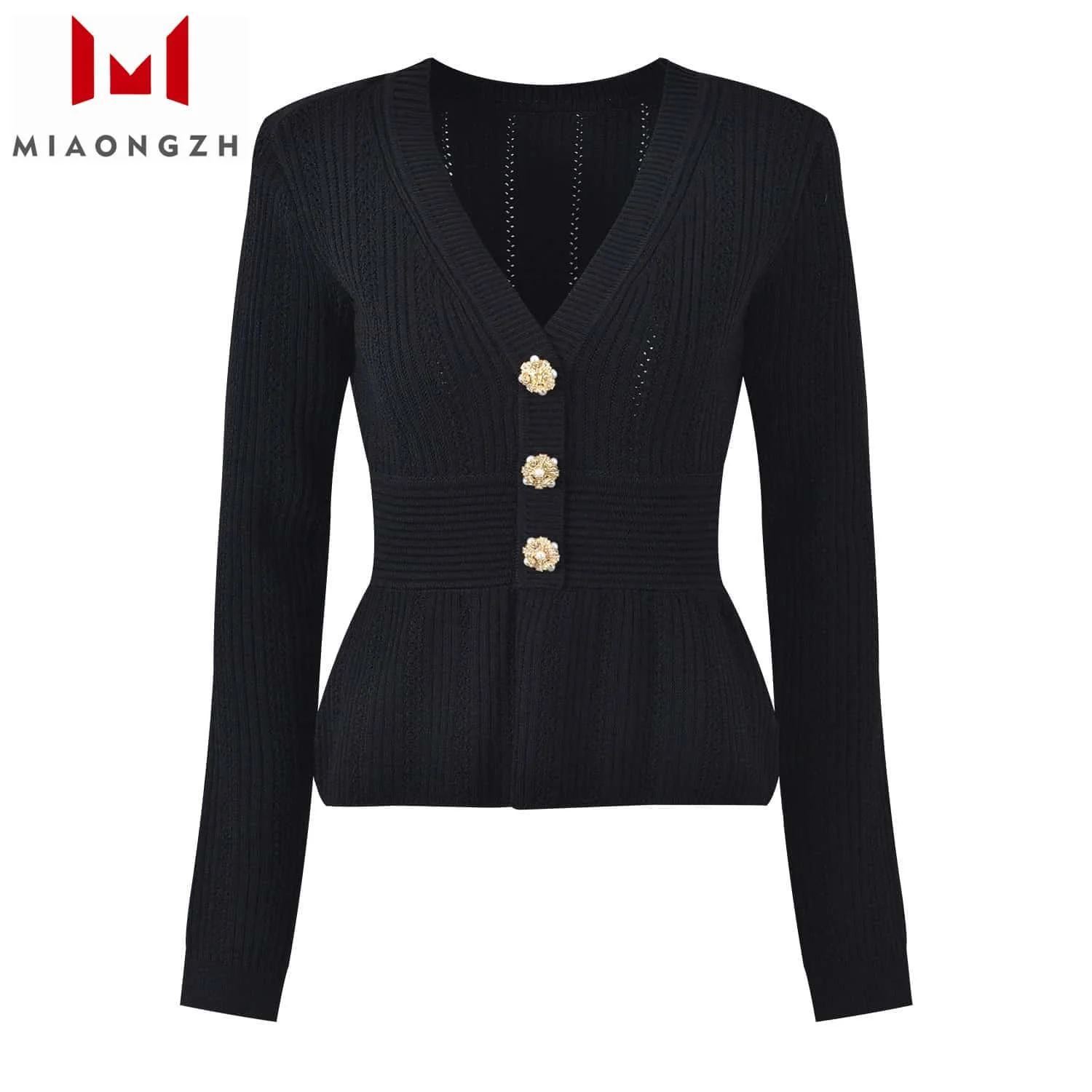 

High Quality Fashion Women's Sweater V Neck Long Sleeve Hollow Out Patchwork Rhinestone Pearl Buttons Autumn Pullover Top Ladies