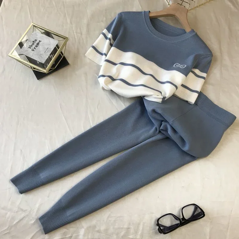 Summer Knitted Tracksuit Women Butterfly Contrast Color O-neck Short Sleeve Tops + Elastic Pencil Pants 2 Piece Woman Set Korean