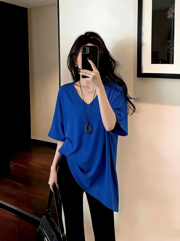 Klein Blue Women's T-shirt Short Sleeve V-neck Mid-length Loose Fit Summer New Style plus Size Street Style Korean Version