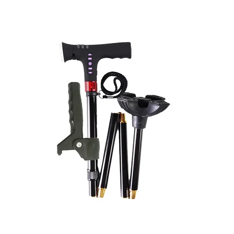 Multifunctional 4-Leg Folding Walking Cane, Anti Slip Telescopic Stick with LED Light Radio MP3 Elderly Mountaineering Aid