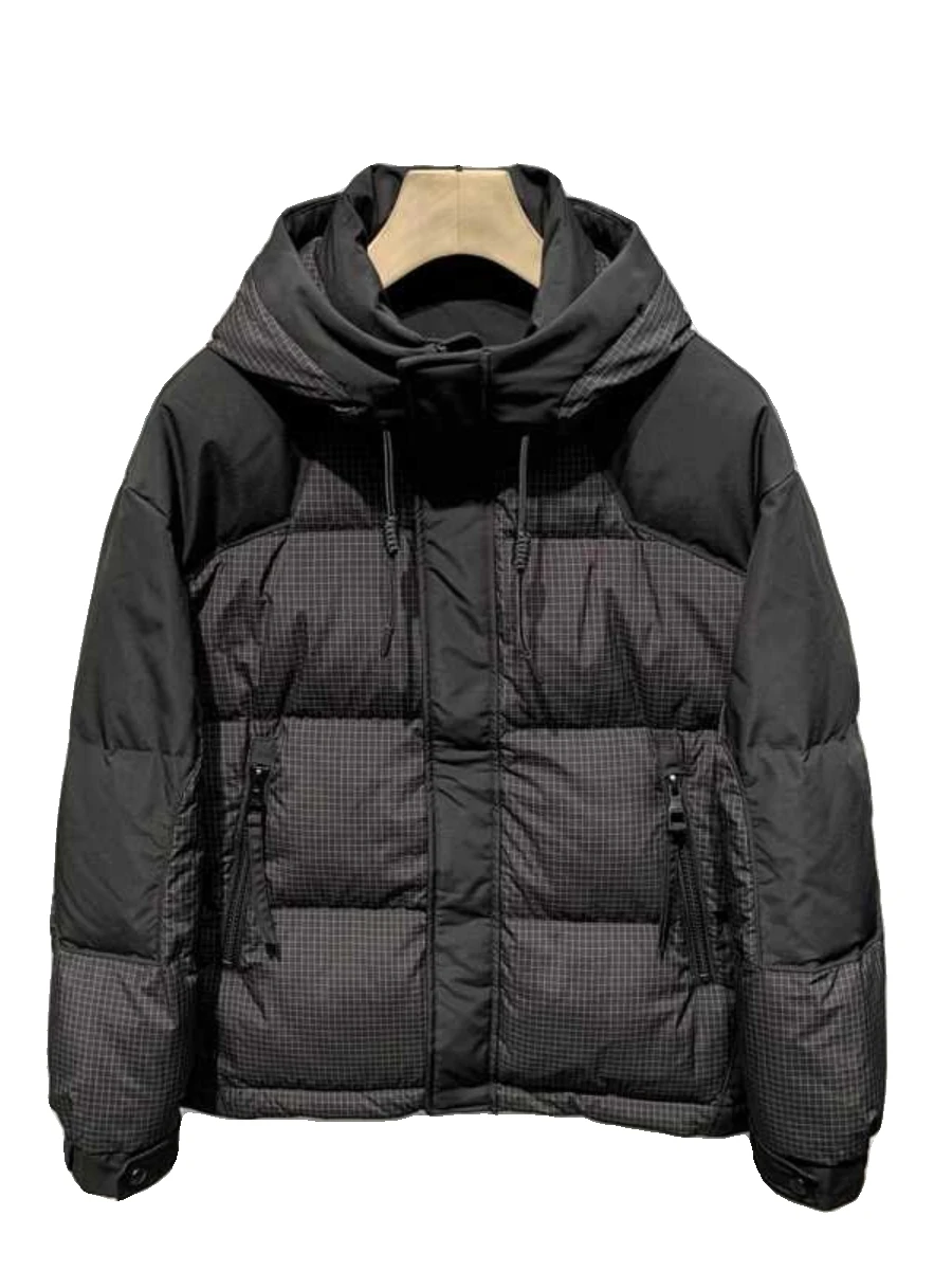 Winter Trendy Paneled Hooded Down Jacket Men Black-White Plaid Korean Versatile Coat White Duck Down Oversized Windproof Jacket