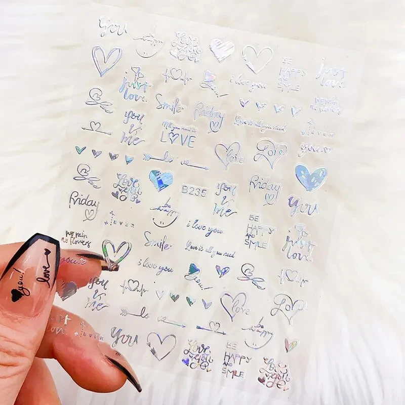 6Pcs/Pack Laser Gold Silver 3D Nail Art Stickers Love Heart Letter Image Nail Decoration Ins Style Sticker DIY Foils Accessories image 4