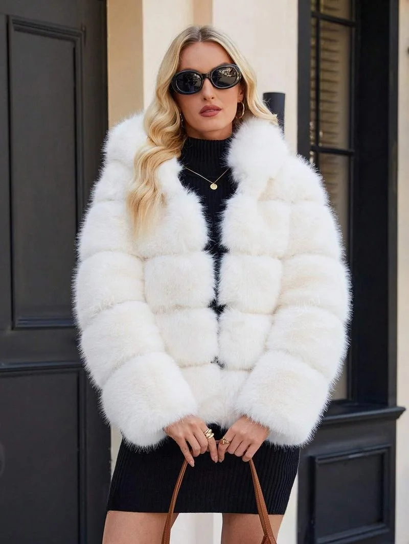 معطف فرو الثعلب الصناعي للنساء سترة قصيرة بقلنسوة شريطية متينة وأكمام طويلة وسحاب مستقيم مناسب سميك للمكتب للسيدات غير رسمي لشتاء 2025