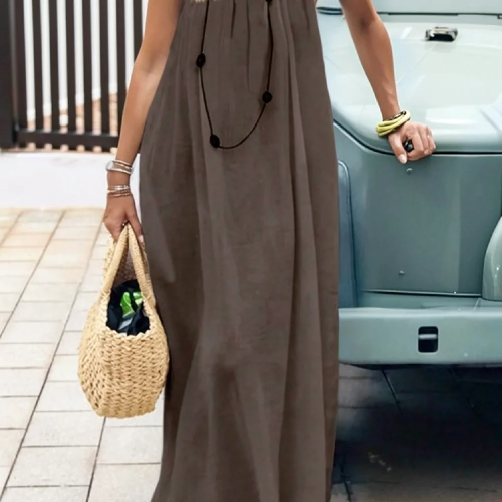 Summer Fashion Women Dress Spaghetti Strap Backless Loose Home Style Breathable Soft Polyester Sleeveless Comfortable Long Dress