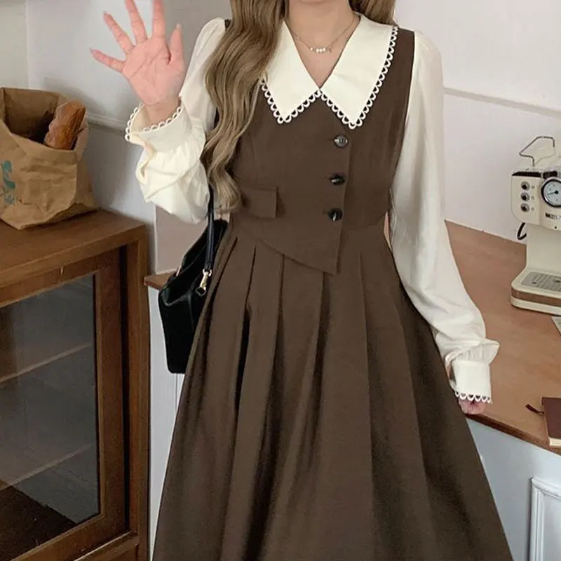 Autumn Vintage Women Dress Sweet Peter Pan Collar Long Sleeve Party A Line Fake Two Pleated Long Dress Vestido Plus Size 5XL