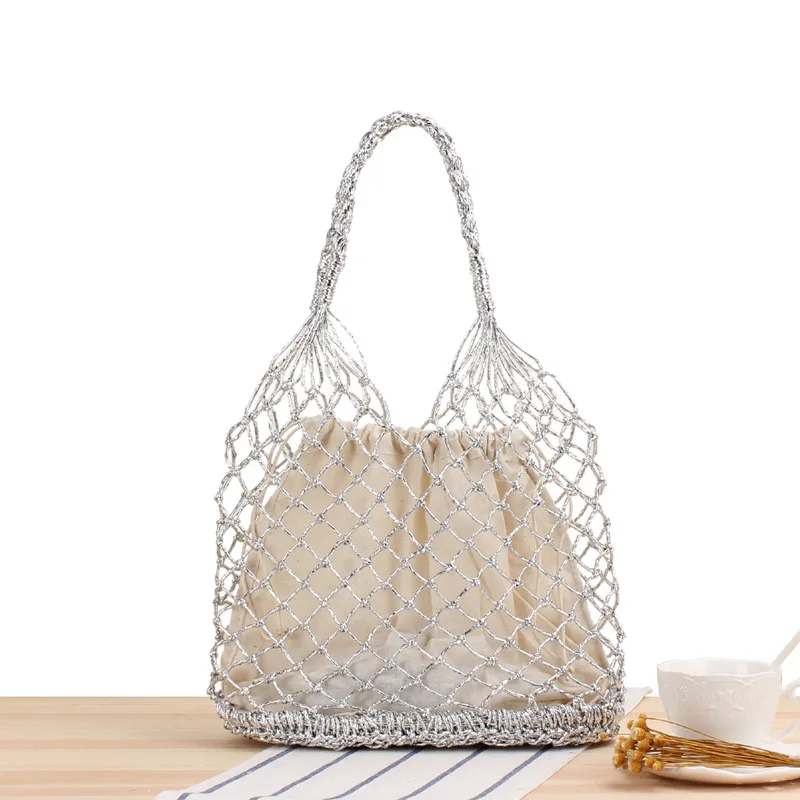 Solid Gold and Silver Thread Hand Hook Woven Bag for Women\'s Hand Straw Woven Bag Beach Bag