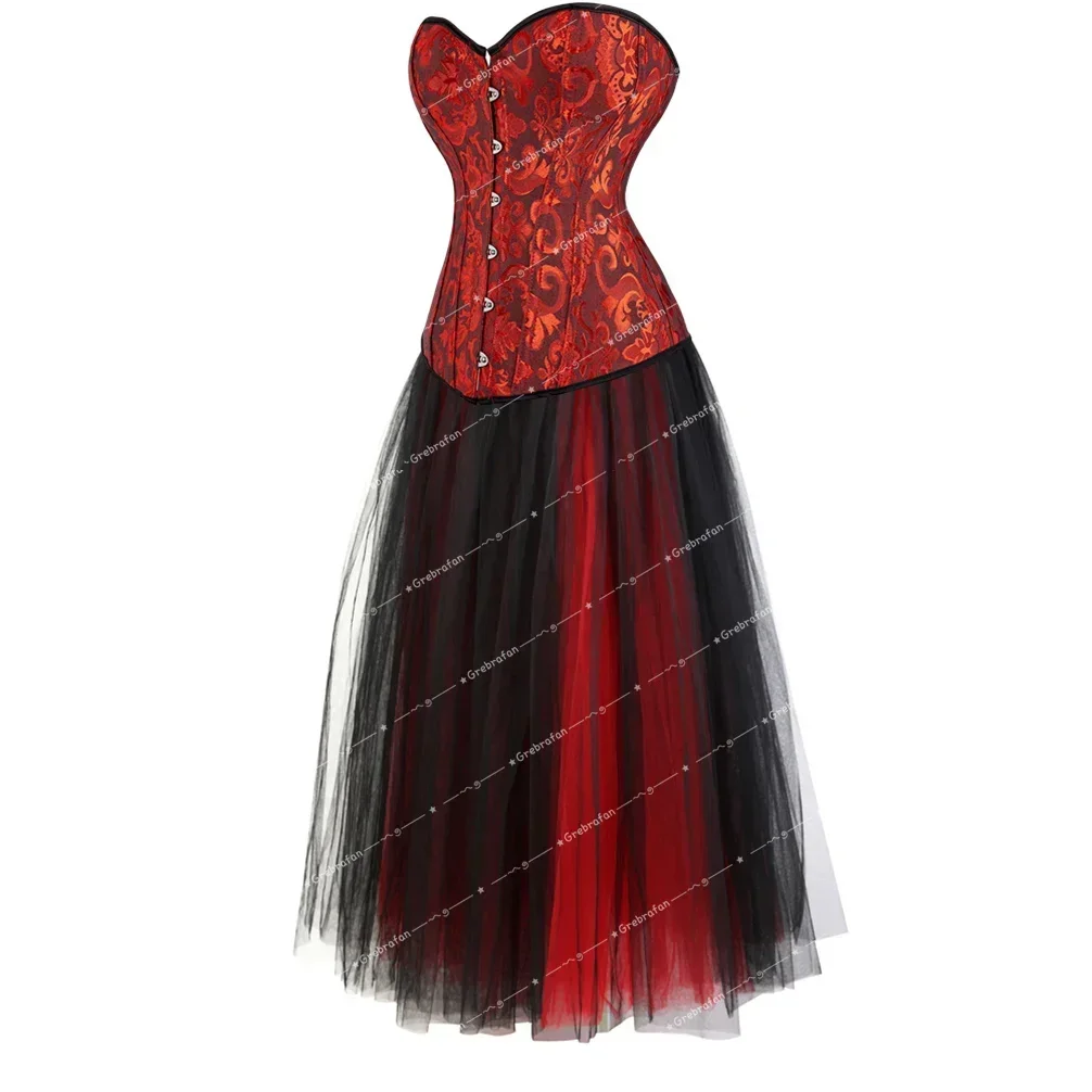 Vintage Corset Skirt Lace Up Bustiers Gothic Embroidered Bustier Floral Korsett Skirts Rave Festival Outfit RolePlay Costume