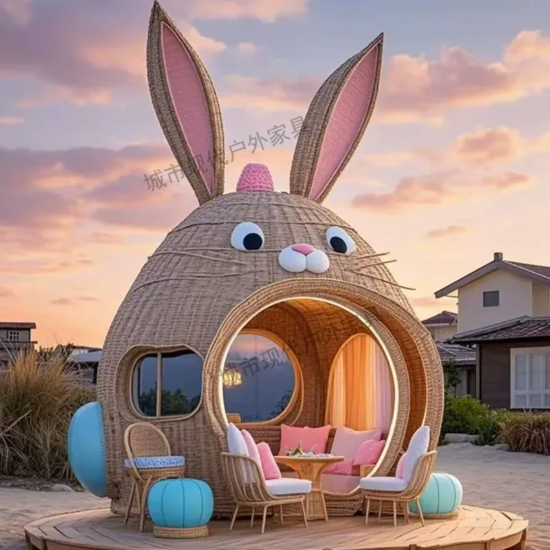 Outdoor rattan animal card seat gazebo creative modeling outdoor seat B & B resort Internet celebrity clock in photo