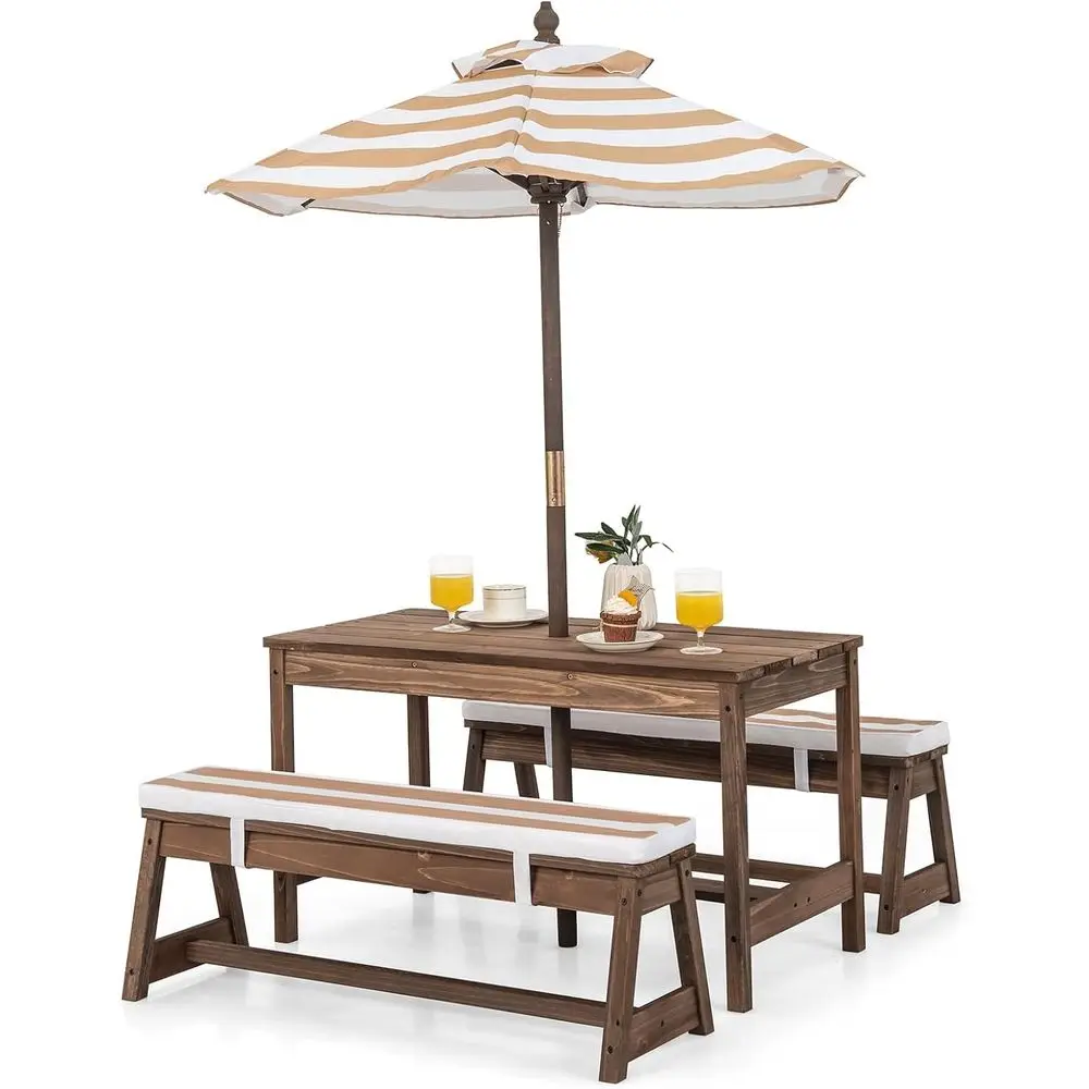 Children's Outdoor Wooden Picnic Table Set with Removable Cushions and Umbrella, Striped Fabric, Suitable for Ages 3+
