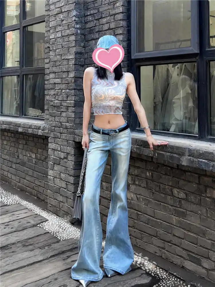 Jeans a vita bassa da donna Pantaloni in denim svasato American Retro Abi Coreano Y2k Jeans candeggina giapponese Bell Bottom Y2k Harajuku 2000s Nuovo