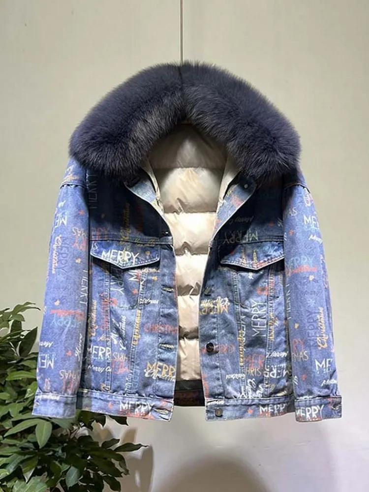 الشتاء النساء الدافئة فضفاضة تناسب أسفل الدنيم سترة الثعلب الفراء طوق واحدة الصدر ملابس خارجية معاطف سميكة مطبوعة سيدة الموضة معطف #2