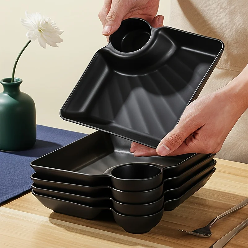 5Pcs Dumpling Plate, Square Tray,  with Sauce Area, Non-slip Stackable, Thick Heat-resistant PP, Microwave Dishwasher Safe