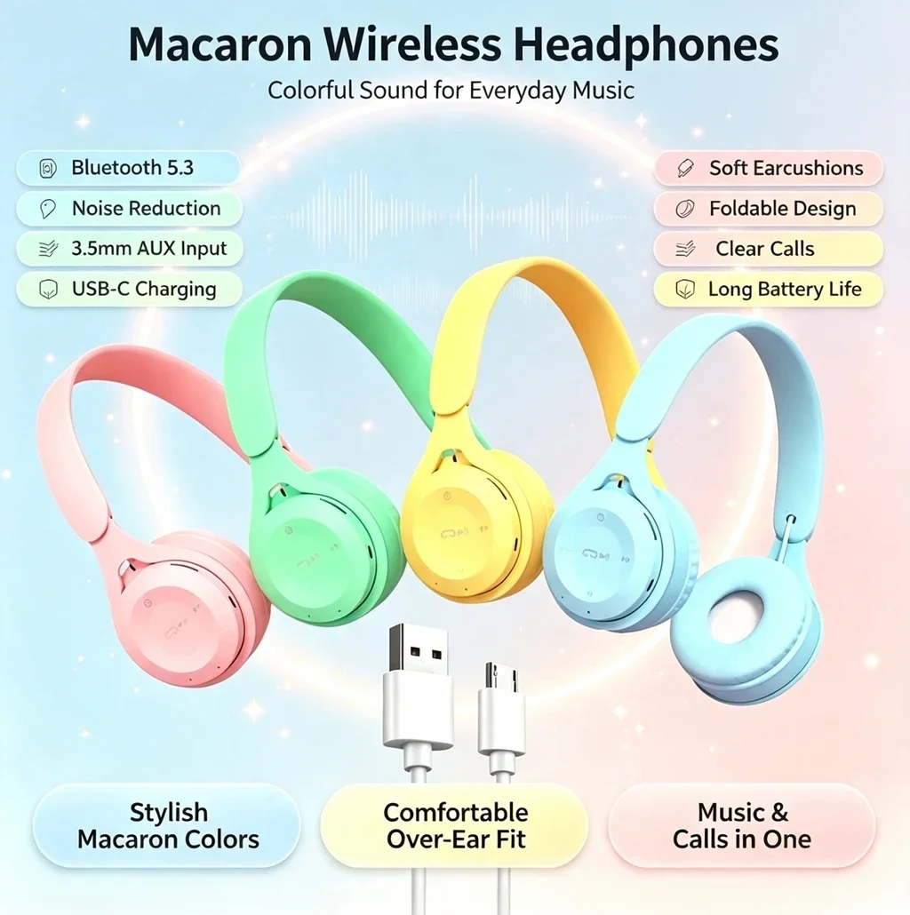 Foldable Over Ear Bluetooth 5.0 Headphones Macaron Color Wireless Stereo Headset With Microphone Noise Reduction Music Earphones