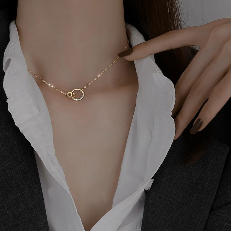 S925 round double ring versatile commuting interlocking minimalist high-end women's necklace accessory