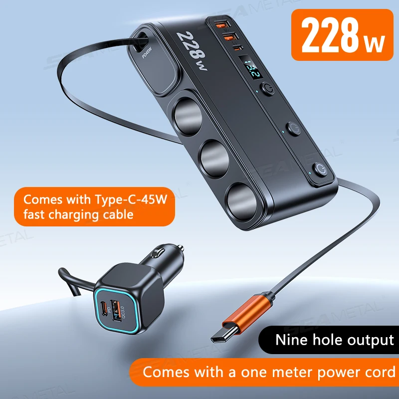 SEAMETAL 228W 9 in 1 Car Charger Adapter PD/QC 3.0 Charge Cigarette Lighter Splitter 3 Socket Power Converter Voltage Display