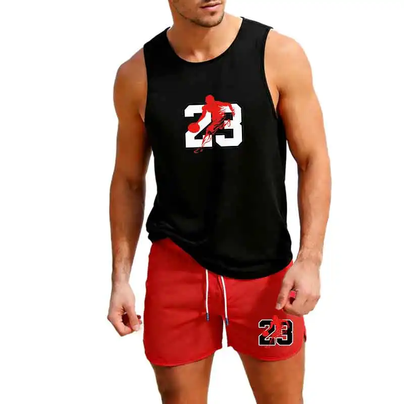 

2026 European size Vest+Shorts 2PC Summer Casual Fashion Running Set Beach Surfing Men's Suit Outdoor Jogging Sportswear