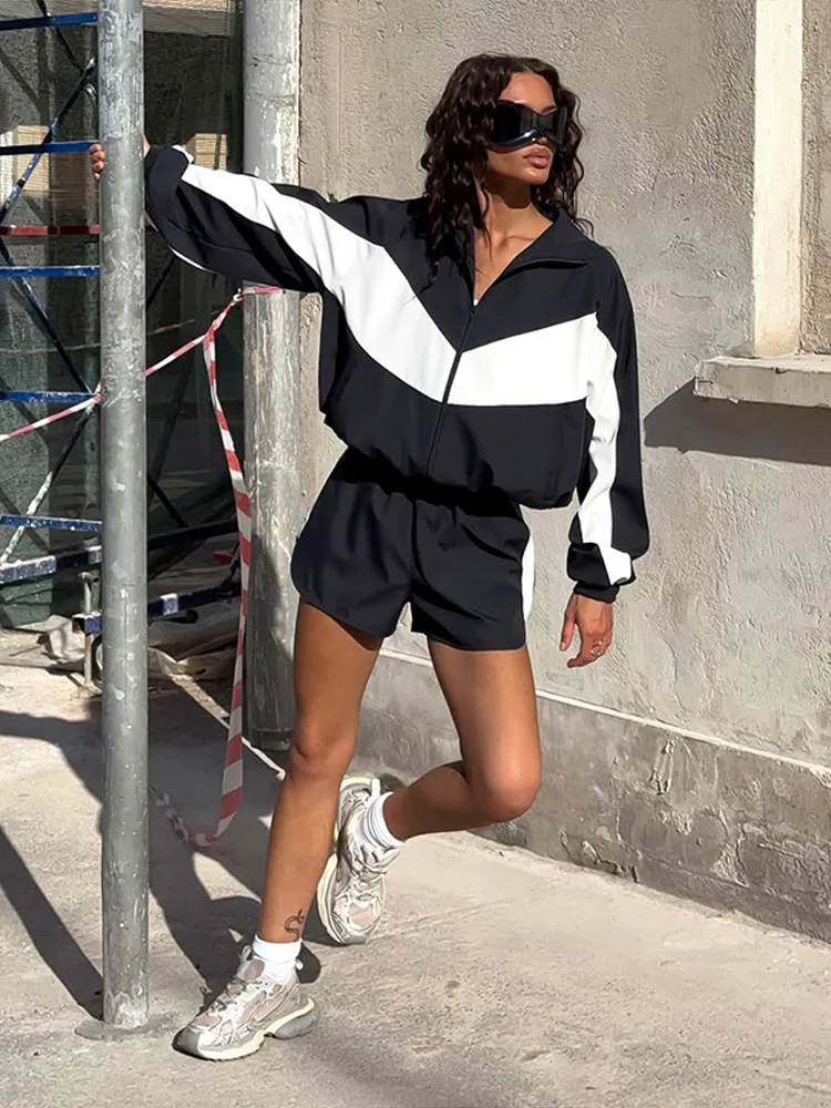 Damen-Shorts 2-teiliges Set Stehkragen Laternenärmel Reißverschluss-Jacken Elastische Taille Kurze Hosen Schicke Damen Paneel-Loose-Anzüge – Detail 5