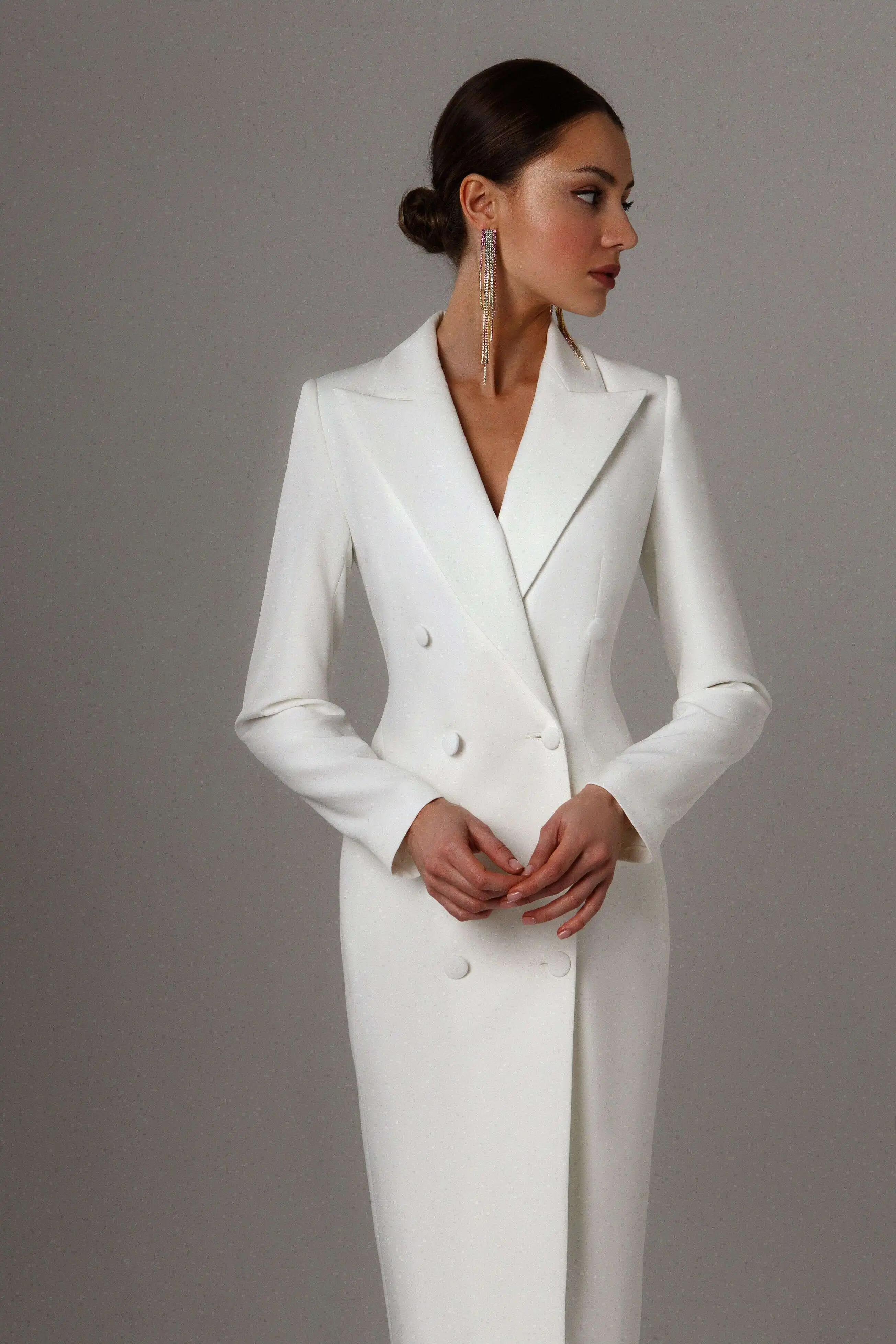 Summer White Double Breasted Women Long Blazer Dress Ladies Prom Evening Guest Formal Wear Custom Made