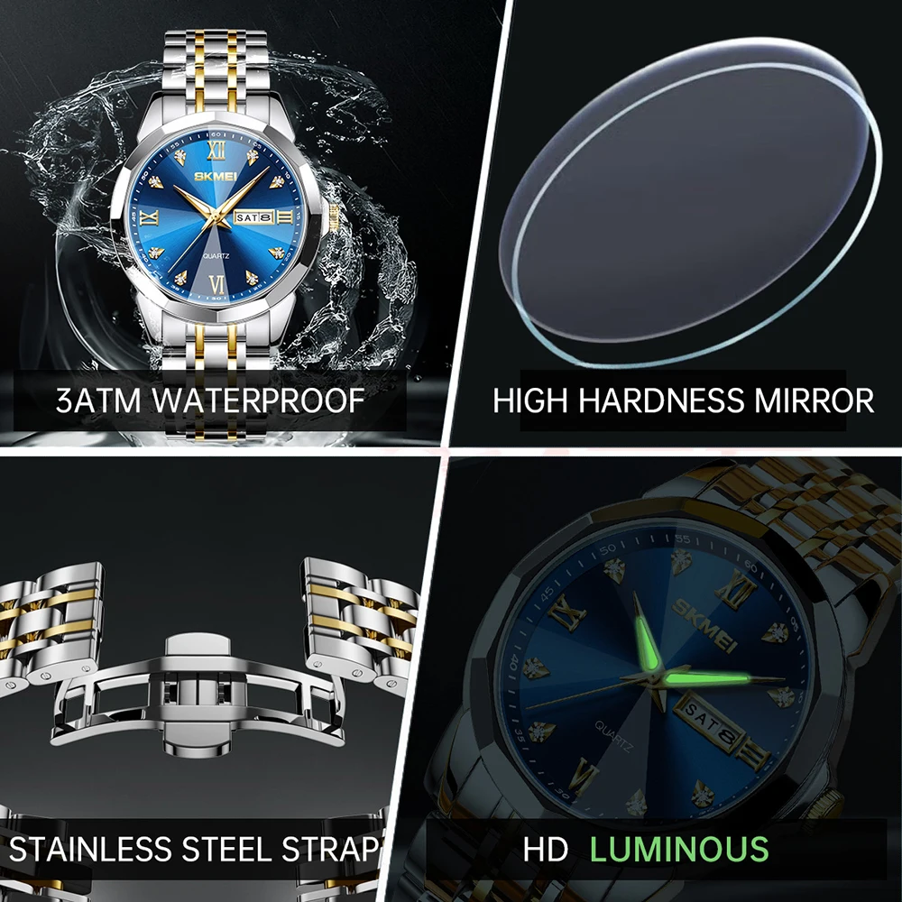 SKMEI Men's Watch Original Movement Quartz Movement Wristwatch Luxury Waterproof Luminous Stainless Steel Watches Reloj Hombre