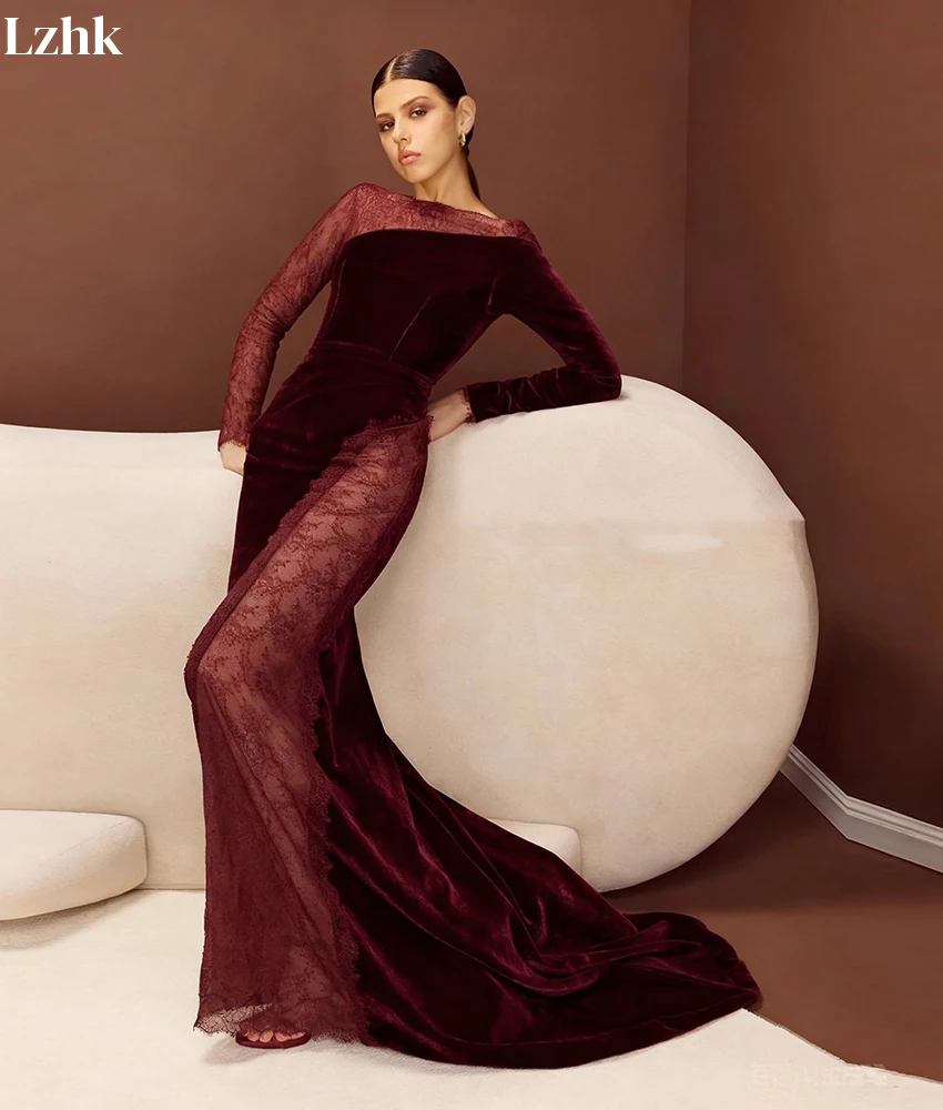 Сексуальное бархатное кружевное вечернее платье русалки по индивидуальному заказу, темпераментное вечернее платье с круглым вырезом и длинными рукавами длиной до пола, индивидуальный размер