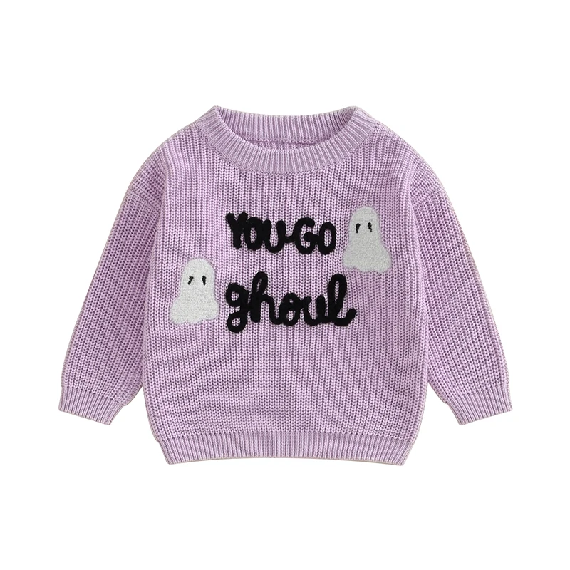 

BULINGNA Toddler Baby Girl Halloween Sweater Ghost Letters Embroidery Knitted Oversized Sweater Fall Winter Pullover Knitwear