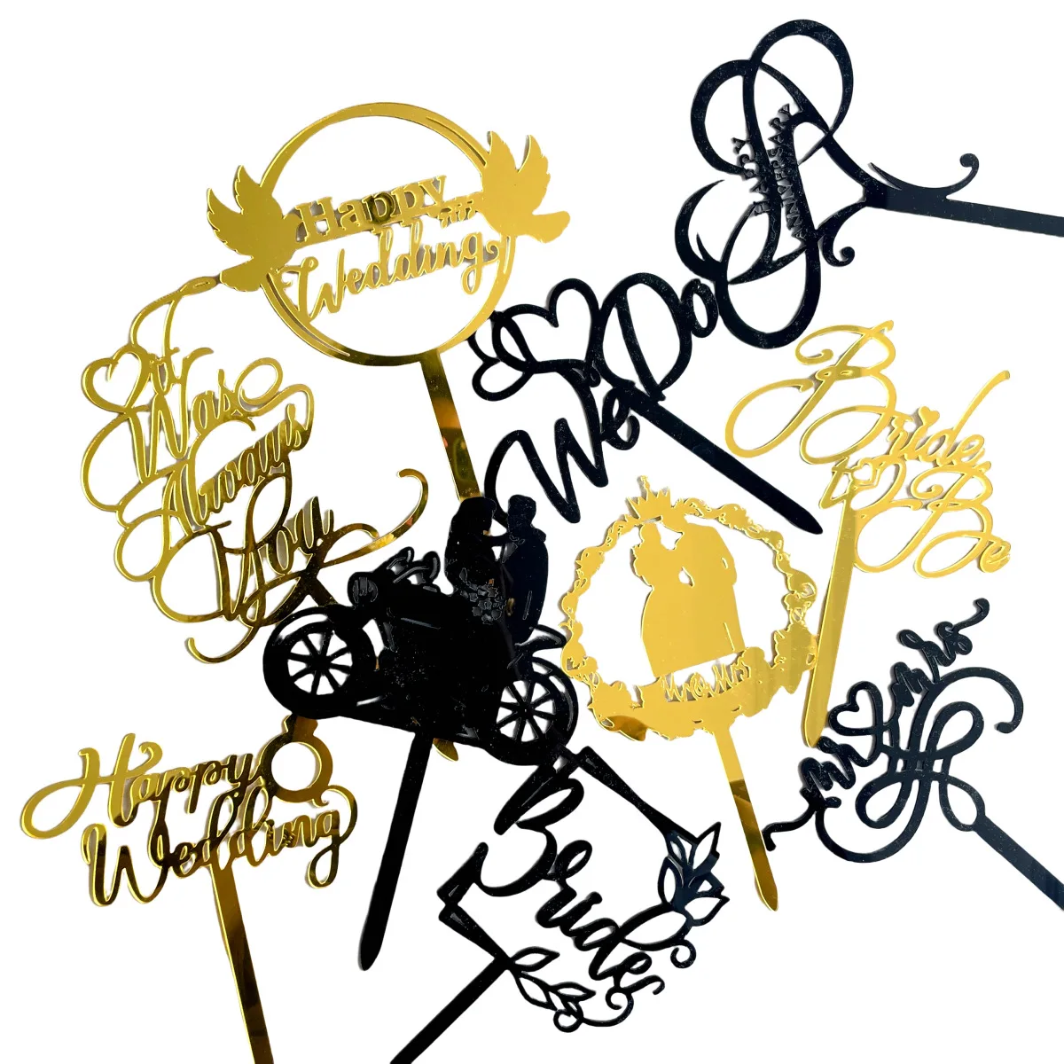 36 Designs de Décorations de Gâteau de Mariage Joyeuses, Or et Noir, Mr.Mrs, en Acrylique, pour Fête de Fiançailles, Cadeau, Fournitures de Pâtisserie