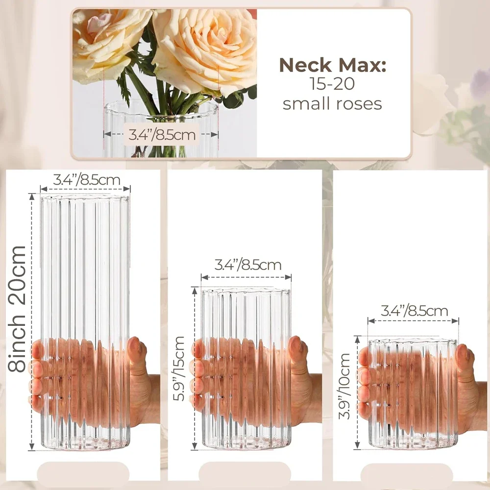 Tall Glass Ribbed Cylinder Vases Clear Floating Candle Flower Vase Hurricane Candle Holder for Wedding Housewarming Gift Table