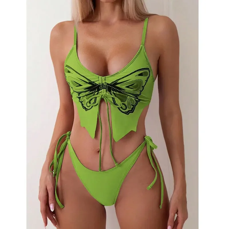 Bikini 2024 Sexy Swimwear Swimsuit Women Butterfly Print Drawstring Knotted Bikinis Set Bathing Suit Beach Bikini Female Push Up