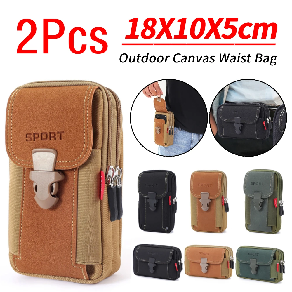 

2Pcs Canvas Waist Pocket Male Outdoor Fanny Bum Bag Purse Business Mobile Phone Pouch Running Pouch Travel Zip Belt Camping Bags