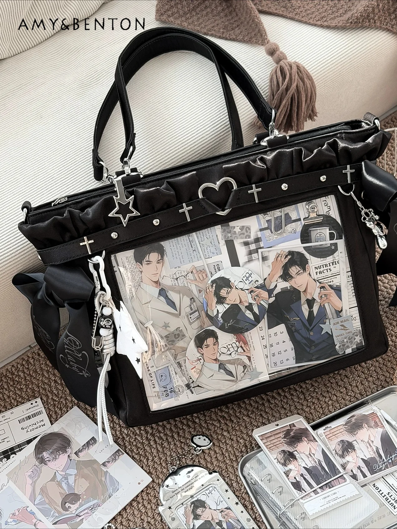 

Two-dimensional Girl Pain Bag Large Capacity Lolita Messenger Bag Heavy Industry Satin Bow Tie Transparent Sandwich Shoulder Bag