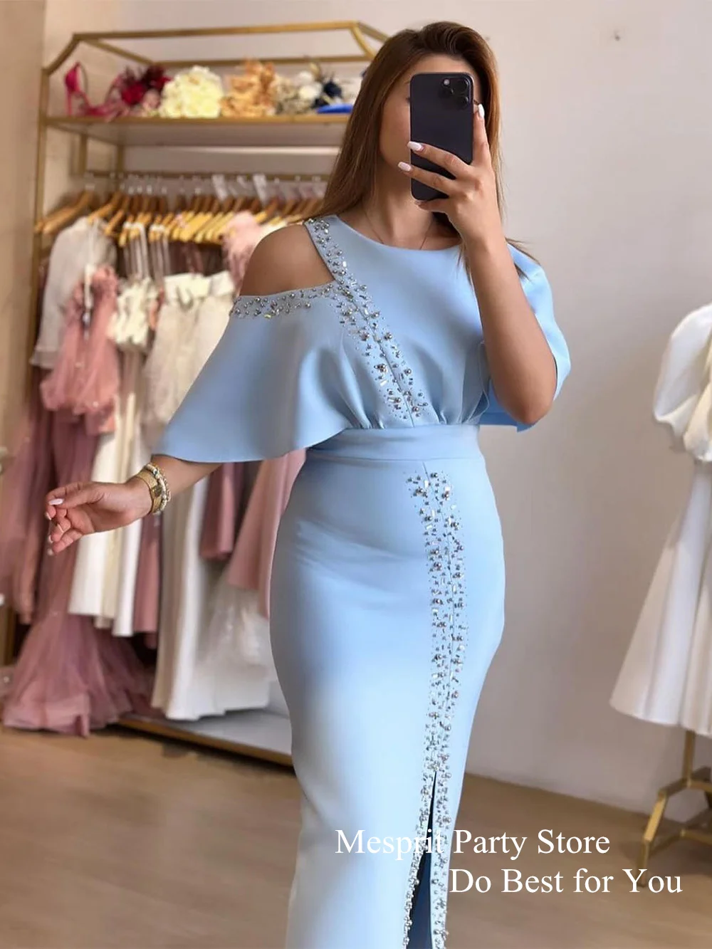 Light Blue Mermaid Cocktail Dresses Customized Batwing Sleeves Beading Sequined Slit Saudi Evening Gown Saudi Arabic Prom Dress