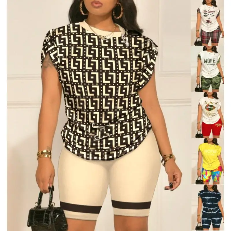 

Digital Printed round Neck Pin Short Sved Set Fashionable Women's Ensemble Summer Collection 18-25 Years Olds 71%-80% Component
