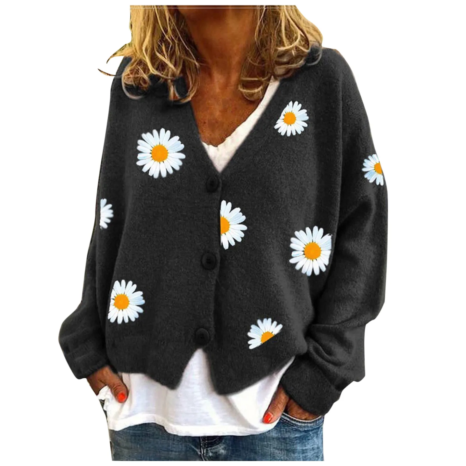 

Women's Knitwear Sweater Single-breasted Cardigan sunflower Printing Cropped Women's Loose Long Sleeve Sweaters Female Soft Tops