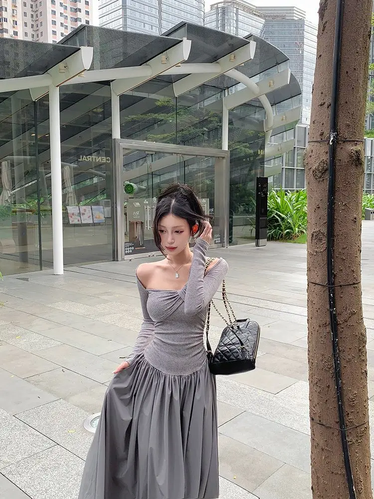 Abito a maniche lunghe con spalle scoperte grigio retrò anni '50 Abito lungo slim fit per le vacanze da donna Abito elegante a trapezio sottile con cuciture in vita