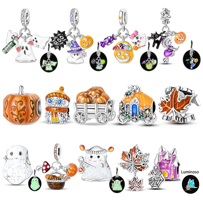 

New 925 Silver Pumpkin Ghost Halloween Series Charm Beads Fit Brand Original 925 Sterling Silver 3mm Bracelet DIY Jewelry Gift