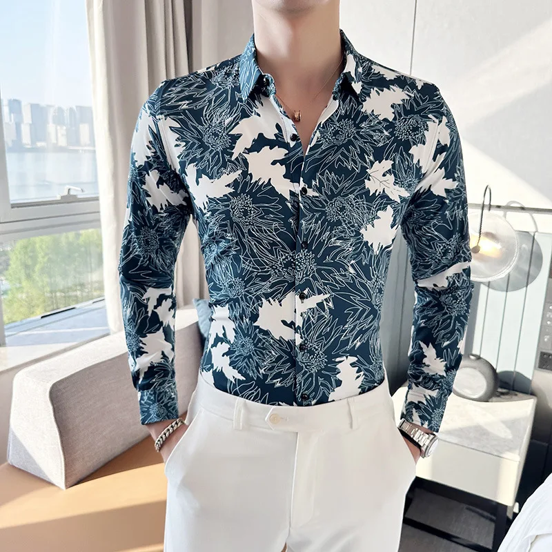 

2023 Autumn Winter Flower Shirts Men Long Sleeve Slim Fit Casual Shirts Fashion Social Party Streetwear Men Clothing M-6XL