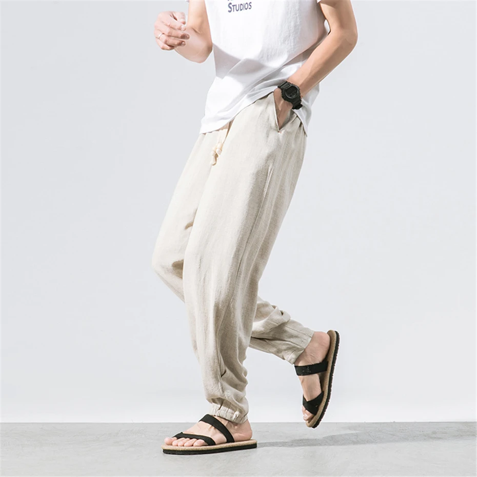 Summer Linen Pants Men Fashion Casual Chinese Style Pants Loose Male Solid Color Trousers Elastic Waist