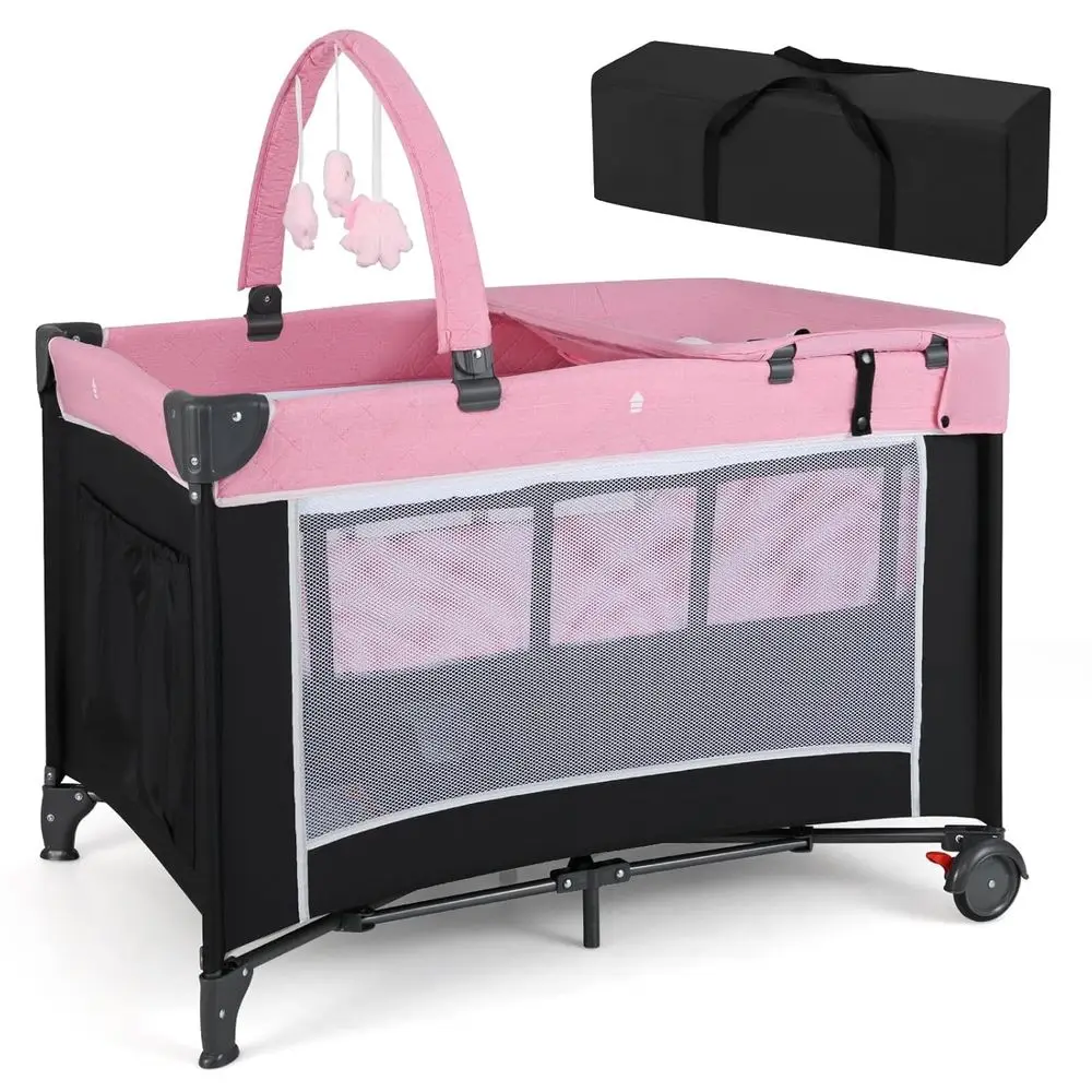 روضة أطفال 4 في 1 قابلة للطي مع سرير ومبدل حفاضات وألعاب للأطفال الصغار - وردي