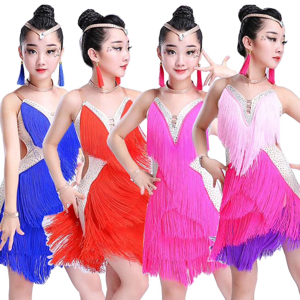 

Girls Kids Latin dance Dresses Children Sequined Tassels fringes Modern Ballroom Latino Dresses For Dancing Outfits