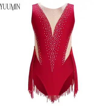 Kids Girls Shiny Rhinestones Fringes Ballet Dance Gym Leotard for Jazz Latin Cha-Cha Dance Figure Skating Competition Costume